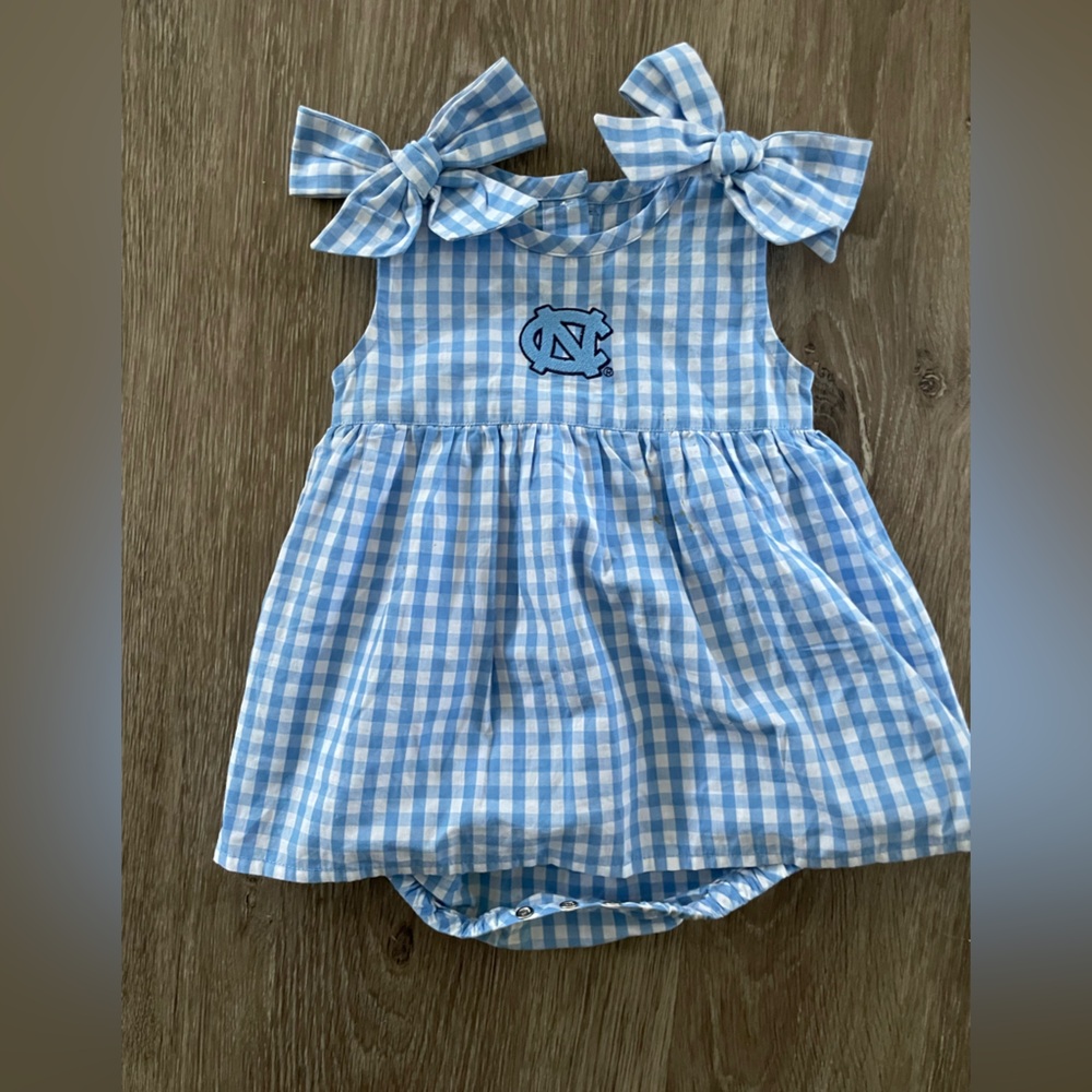 Blue UNC Gingham Baby Dress with Bow